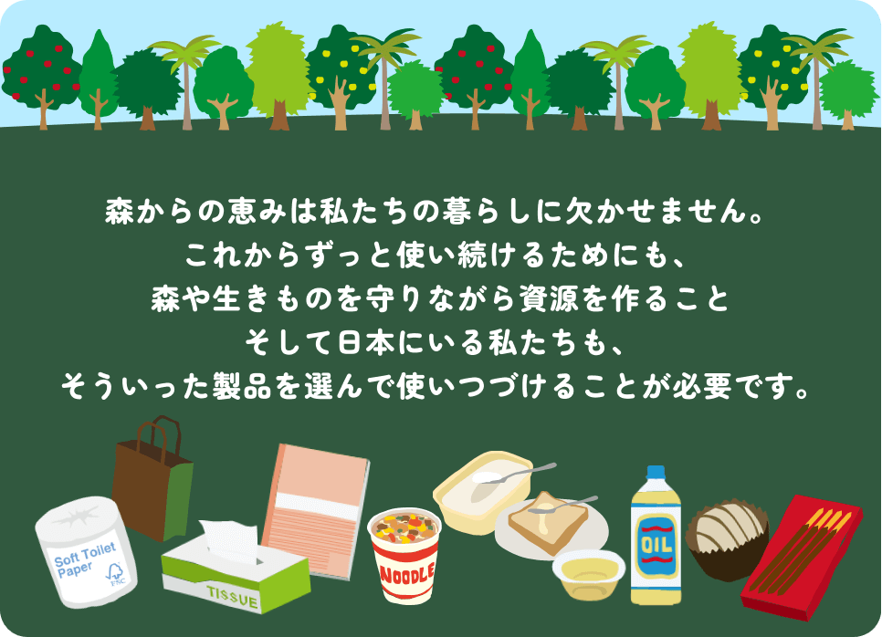 森からの恵みは私たちの暮らしに欠かせません。これからずっと使い続けるためにも、森や生きものを守りながら資源を作ることそして日本にいる私たちも、そういった製品を選んで使いつづけることが必要です。